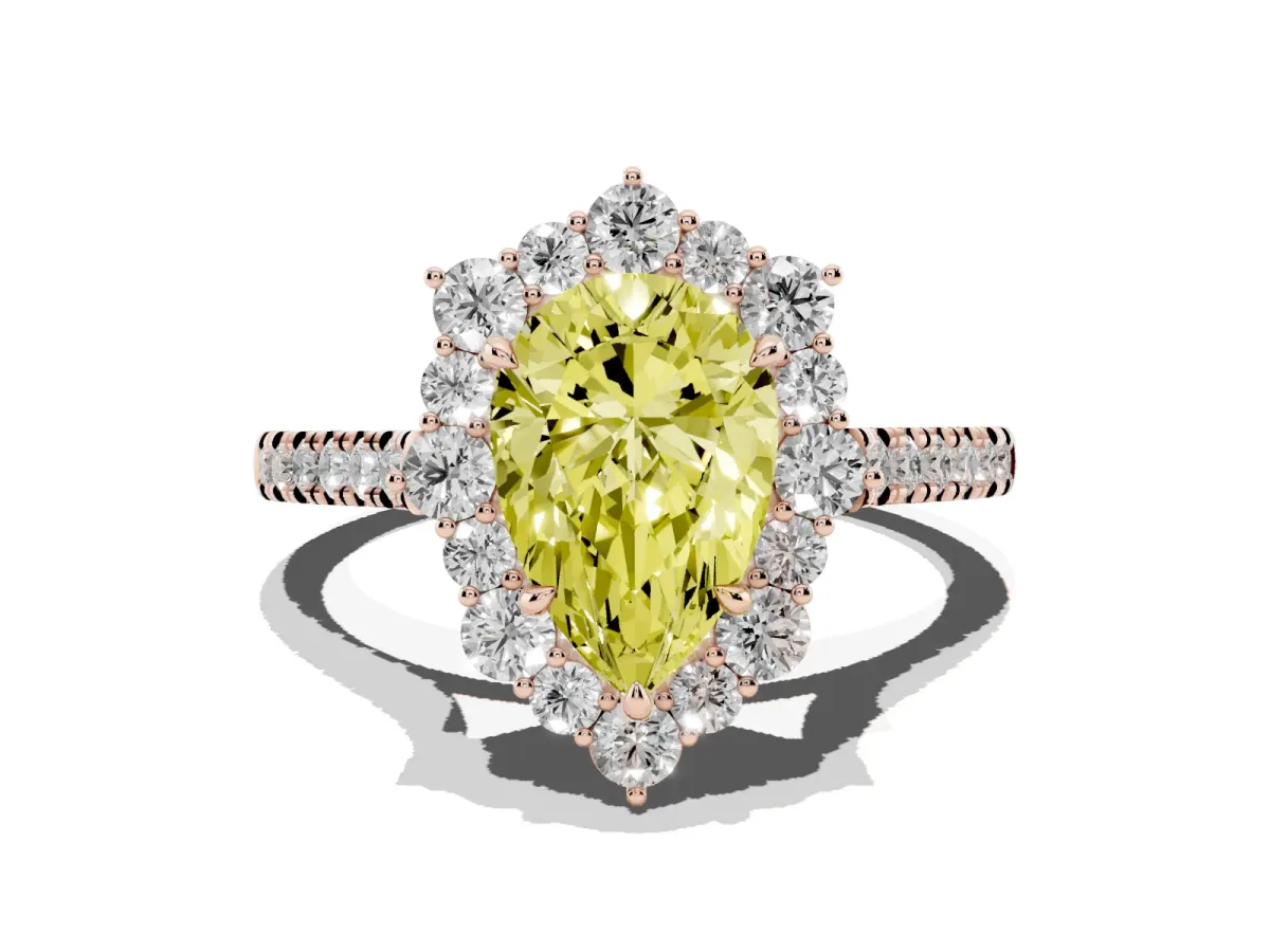 Fancy Yellow Pear Cut Halo Diamond Ring with Pavé Band and Prong Setting Rose gold