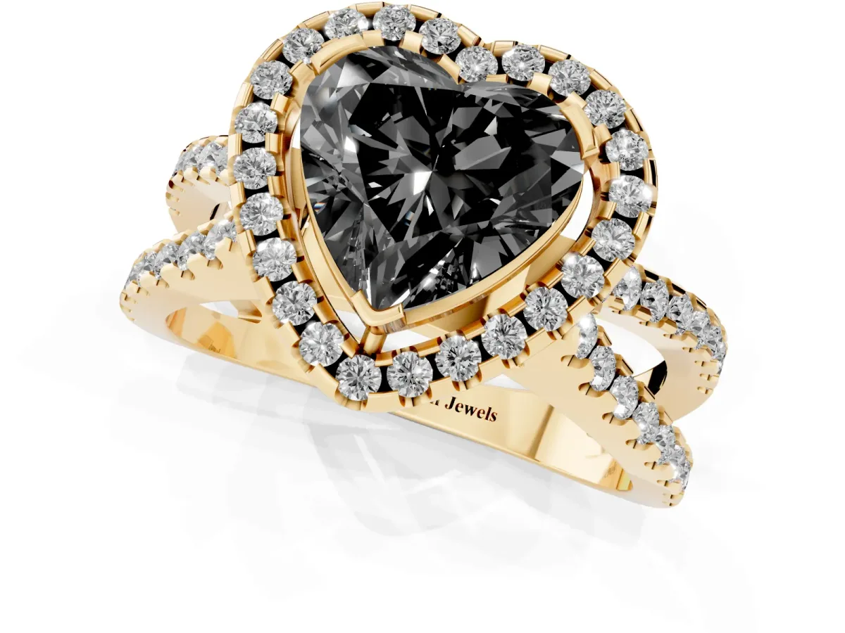 Fancy Black Heart Cut Diamond Halo Ring with Split Shank Pavé Band and Prong Setting Yellow gold
