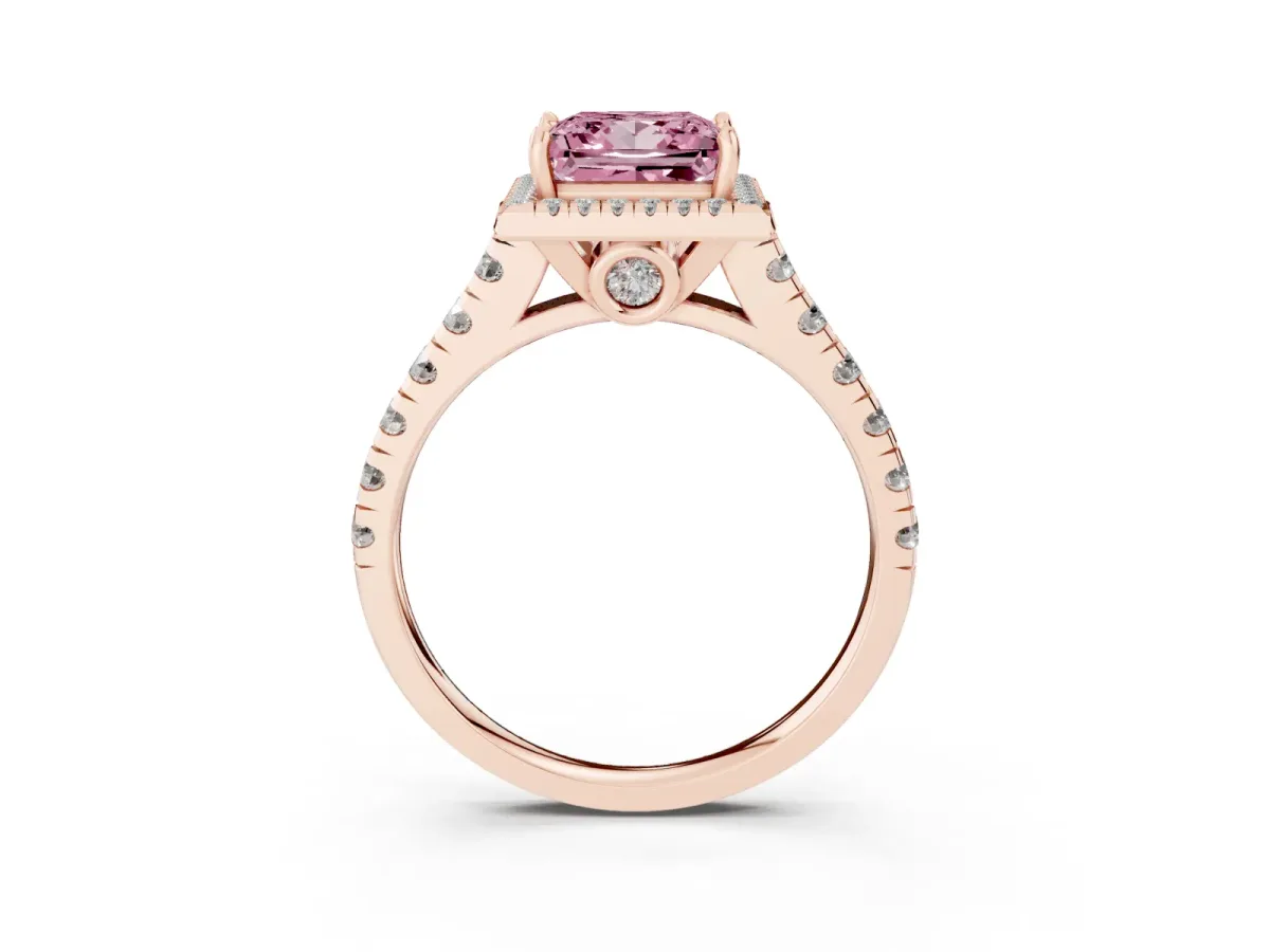 Fancy Pink Princess Cut Halo Pavé Diamond Engagement Ring with Four-Prong Setting Rose gold