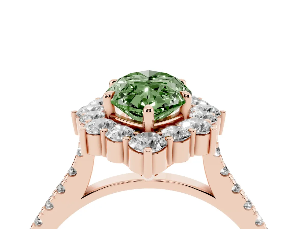 Fancy Green Marquise Cut Halo Diamond Ring with Pavé Band and Prong Setting Rose gold