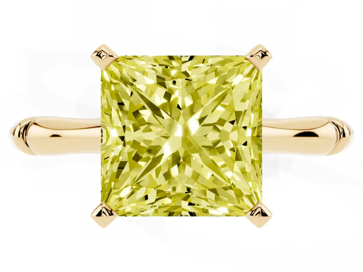 Fancy Yellow Princess Cut Solitaire Diamond Ring with Bamboo Band and Four-Prong Setting Yellow gold