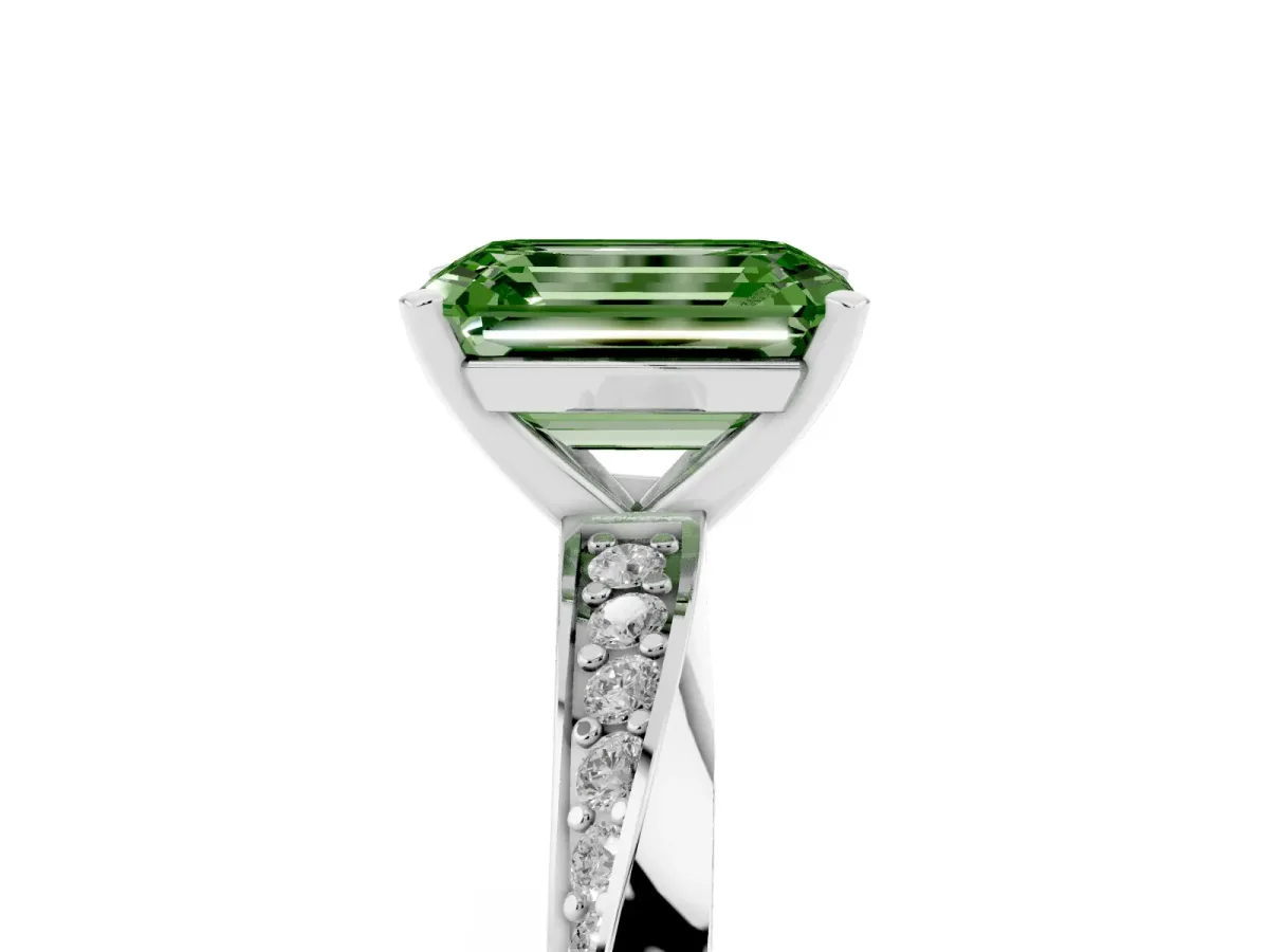 Fancy Green Emerald Cut Diamond Engagement Ring with Side Stone Accents and Four-Prong Setting Silver