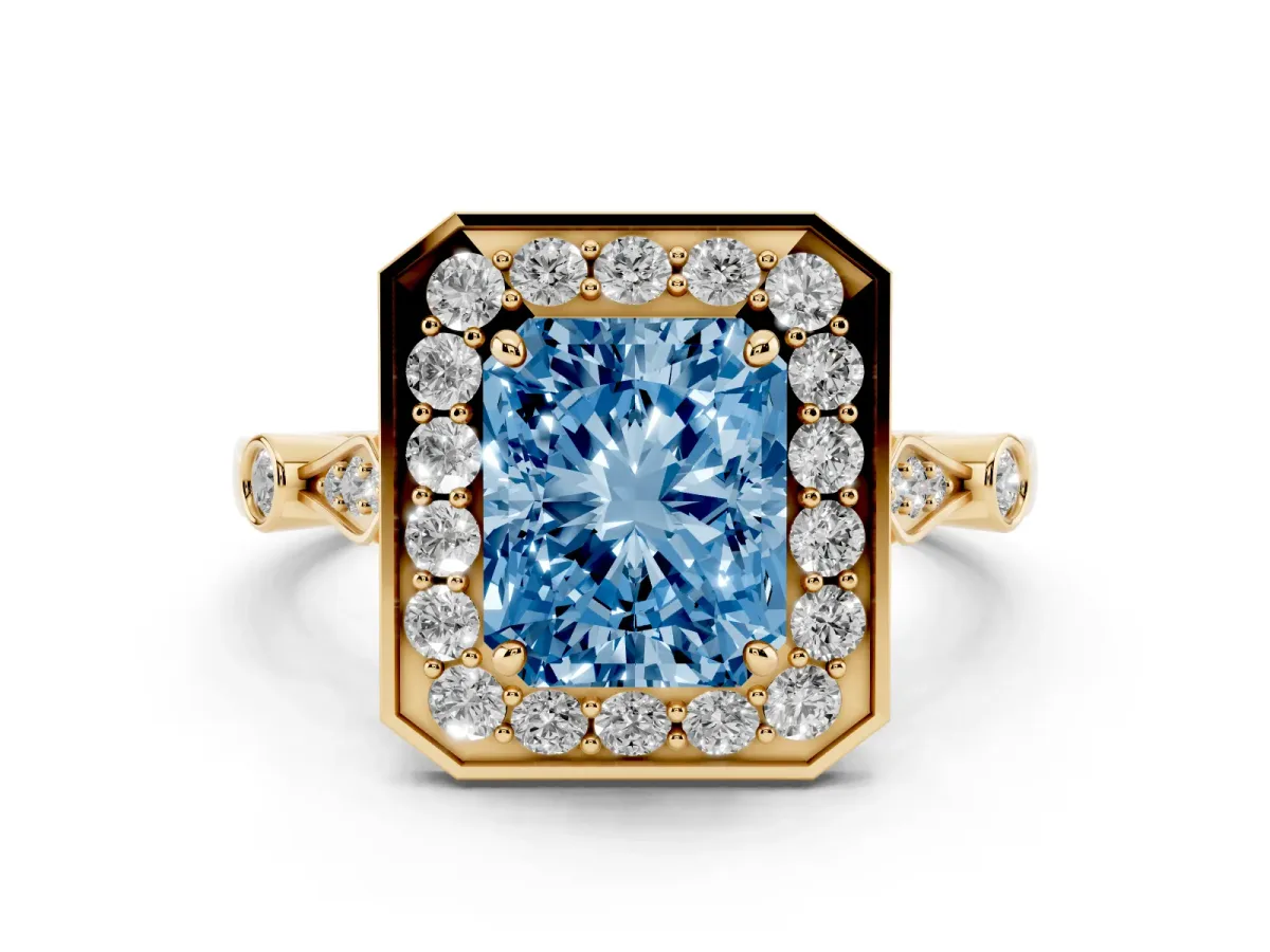Fancy Blue Radiant Cut Halo Diamond Engagement Ring with Twisted Band and Four-Prong Setting Yellow gold