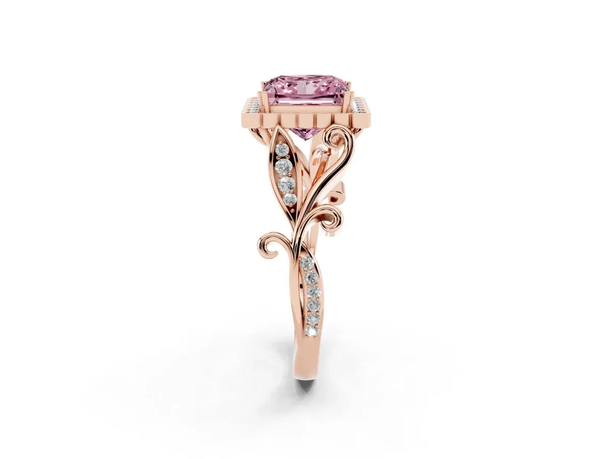 Fancy Pink Princess Cut Diamond Halo Ring with Vintage Split Shank and Four-Prong Setting Rose gold