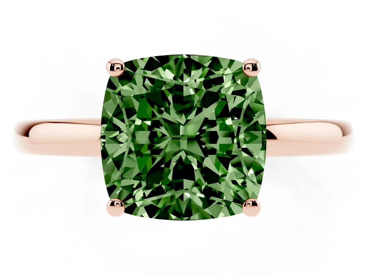 Fancy Green Cushion Cut Solitaire Diamond Ring with Prong Setting and Plain Band Rose gold