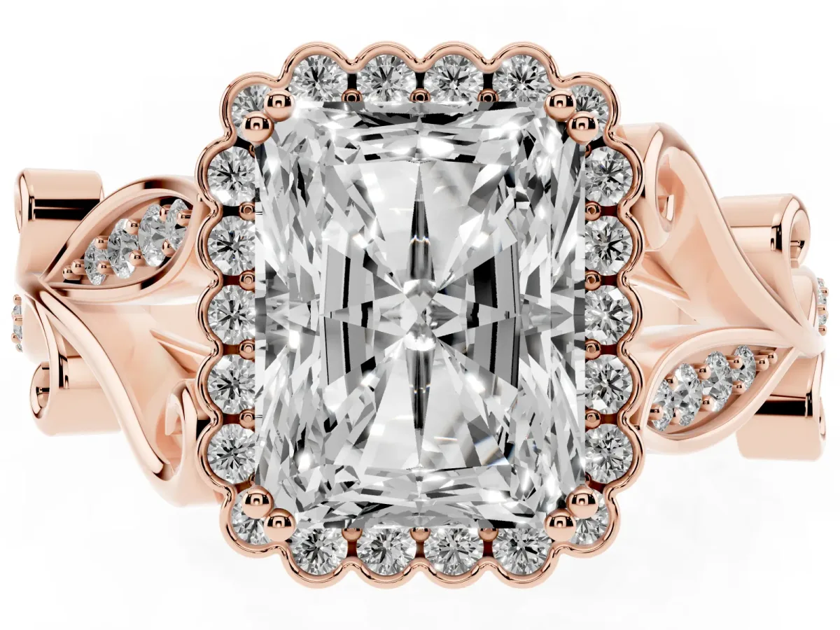 Radiant Cut Diamond Halo Ring with Vintage Split Shank and Four-Prong Setting Rose gold