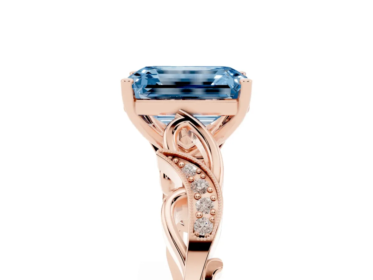 Fancy Blue Emerald Cut Solitaire Vine Band with Milgrain Prong Setting Rose gold