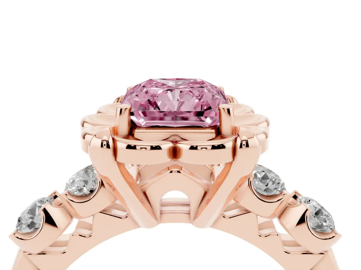Fancy Pink Radiant Cut Cut Diamond Floral Halo Engagement Ring with Shared Prong Setting Rose gold