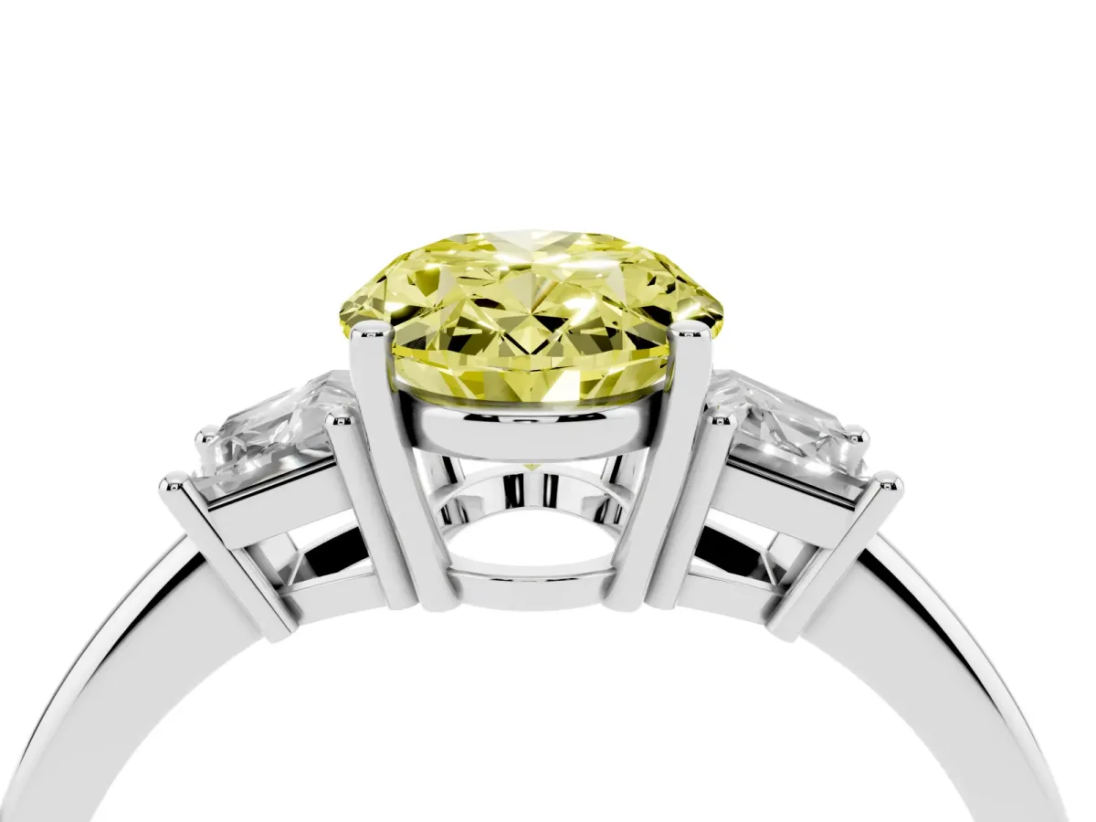 Fancy Yellow Oval Cut Diamond Three-Stone Ring with Trapezoid Side Stones and Prong Setting Platinum
