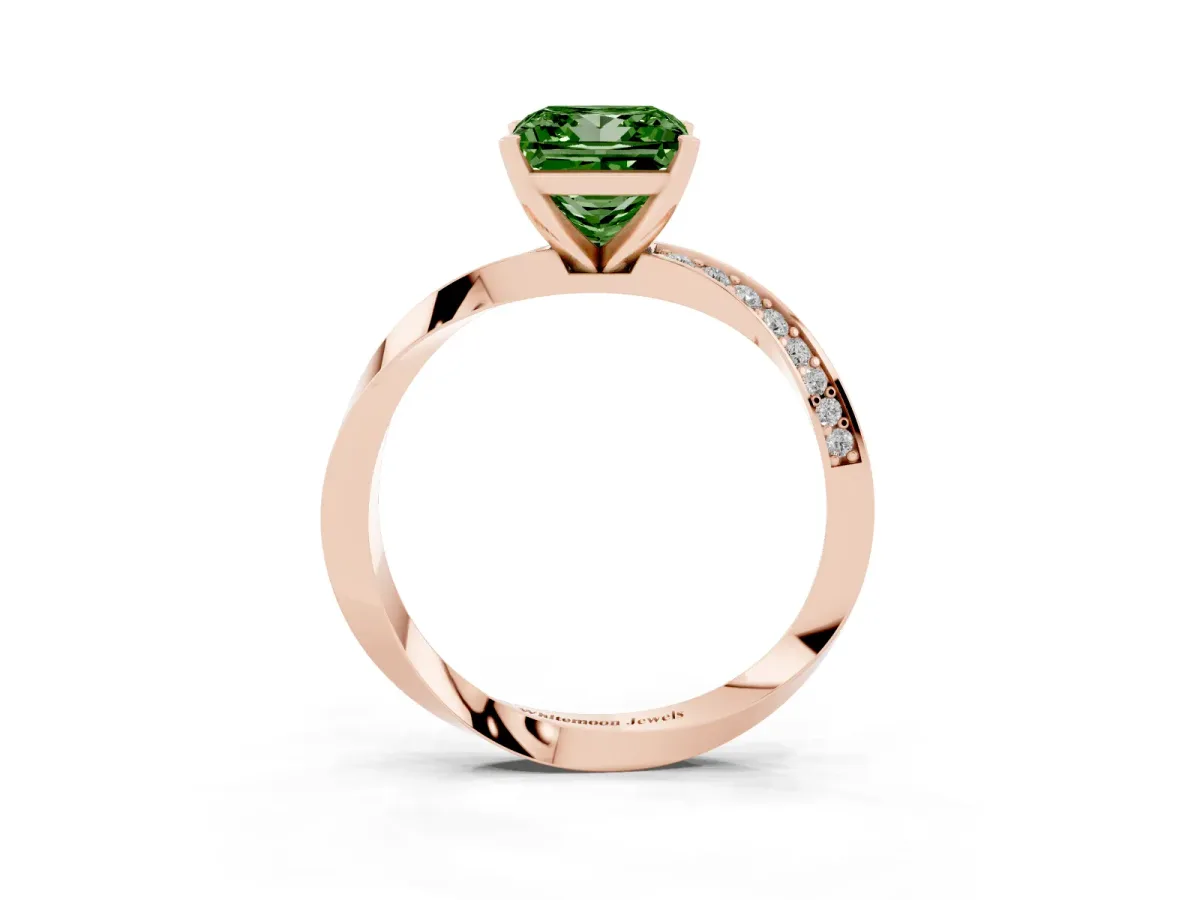 Fancy Green Princess Cut Diamond Engagement Ring with Side Stone Accents and Four-Prong Setting Rose gold