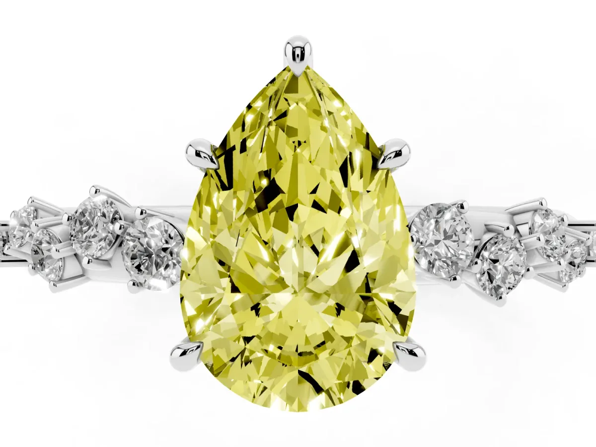 Fancy Yellow Pear Cut Diamond Cluster Side Stone Solitaire Ring with Prong Setting Silver
