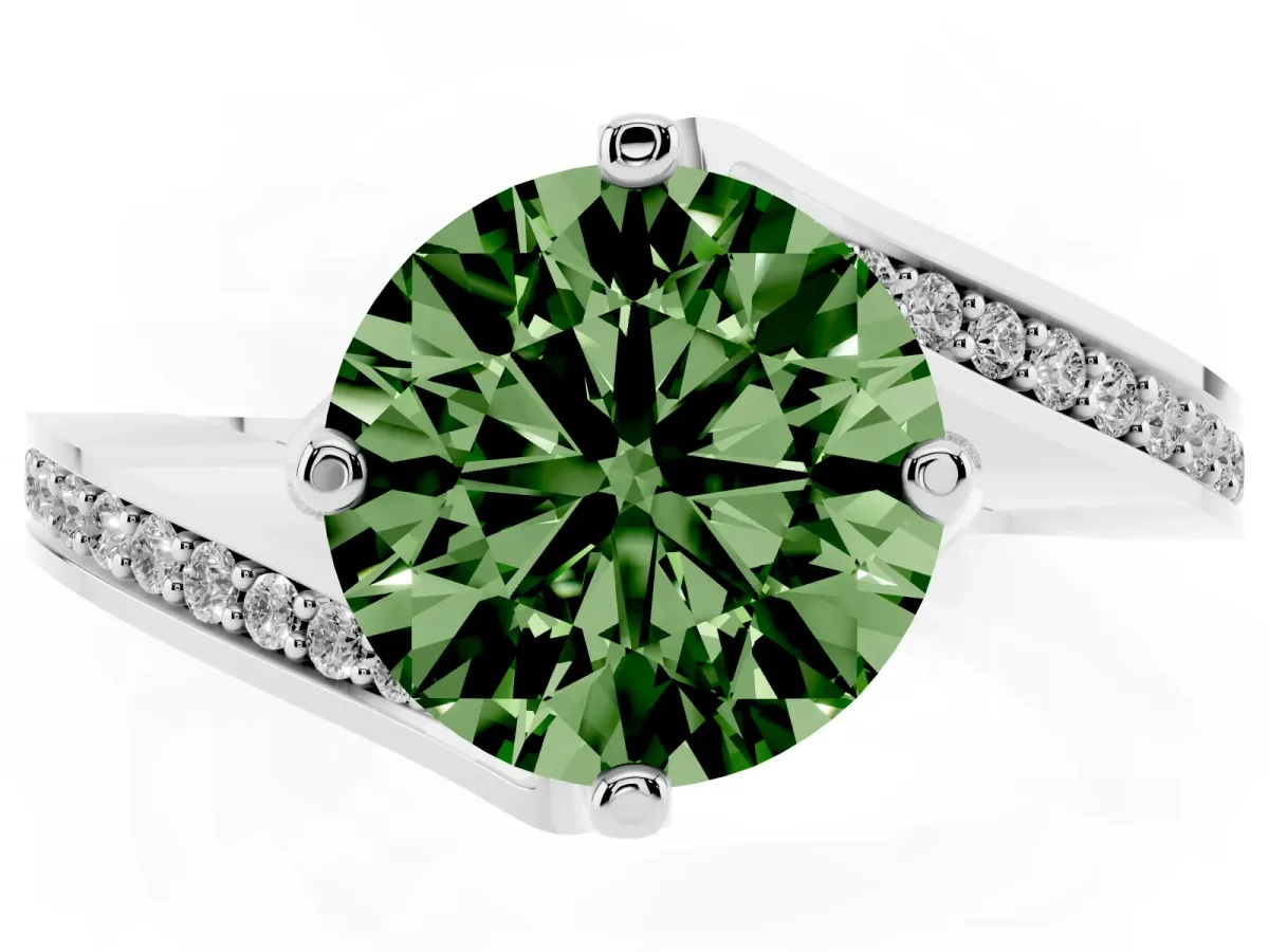 Fancy Green Round Cut Solitaire Diamond Twist Band with Pavé Setting and Four-Prong Setting Platinum