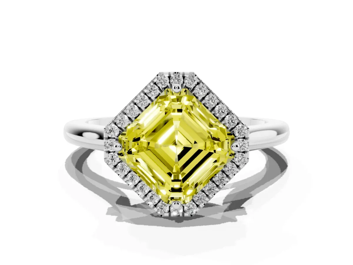 Fancy Yellow Asscher Cut Halo Round Diamond Solitaire Engagement Ring with Pave Band and Four-Prong Setting Silver