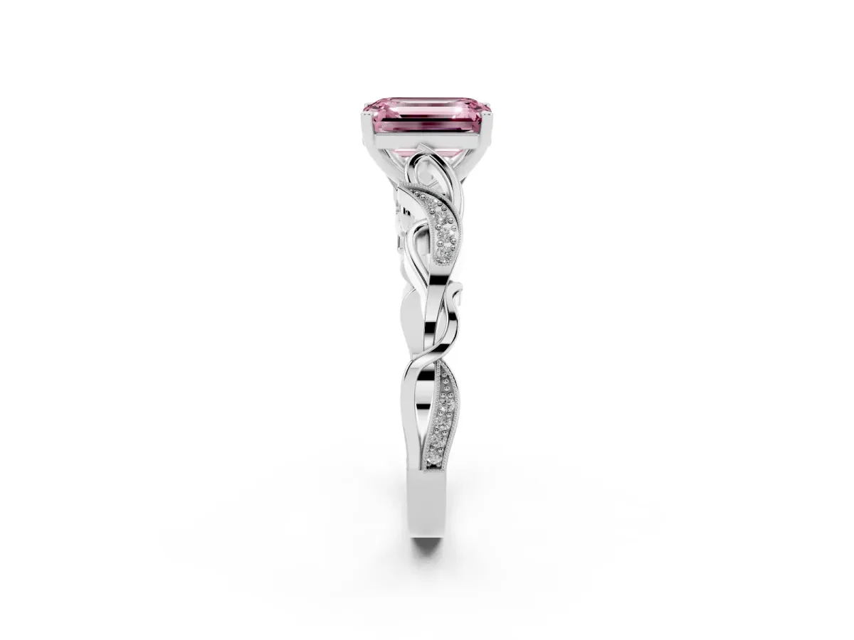 Fancy Pink Emerald Cut Solitaire Vine Band with Milgrain Prong Setting Silver