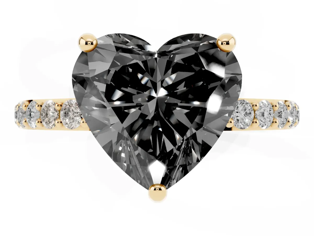 Fancy Black Heart Cut Diamond Solitaire Ring with Round Pavé Band and Prong Setting Yellow gold