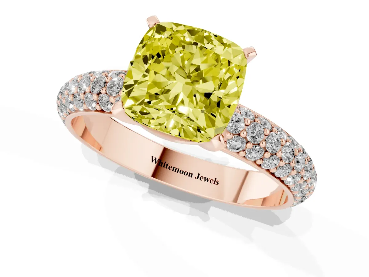 Fancy Yellow Cushion Cut Diamond Solitaire Ring with Prong Setting and Pavé Band Rose gold