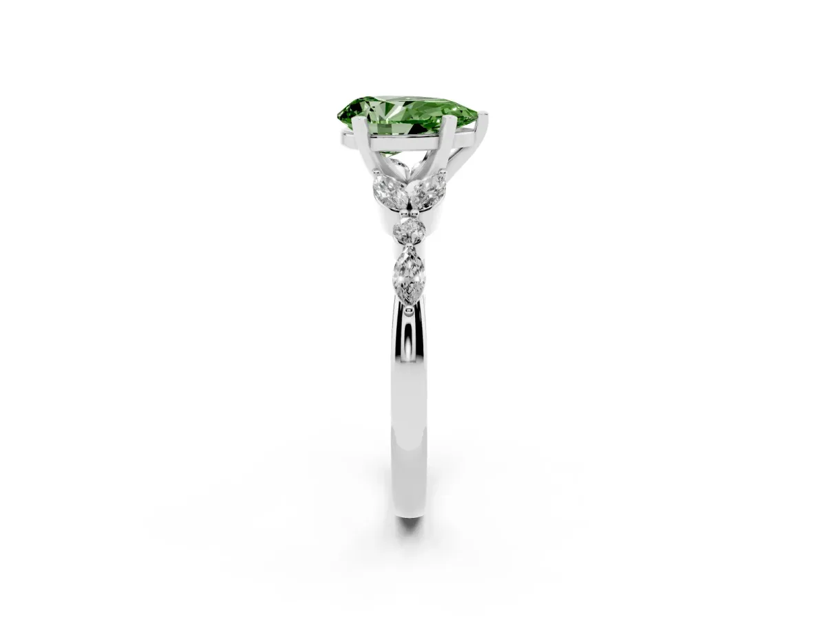 Fancy Green Pear Cut Diamond Solitaire Ring with Side Stones and Four-Prong Setting Silver