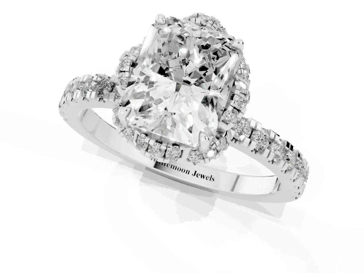 Radiant Cut Diamond Halo Pave Band with Four-Prong Setting Silver
