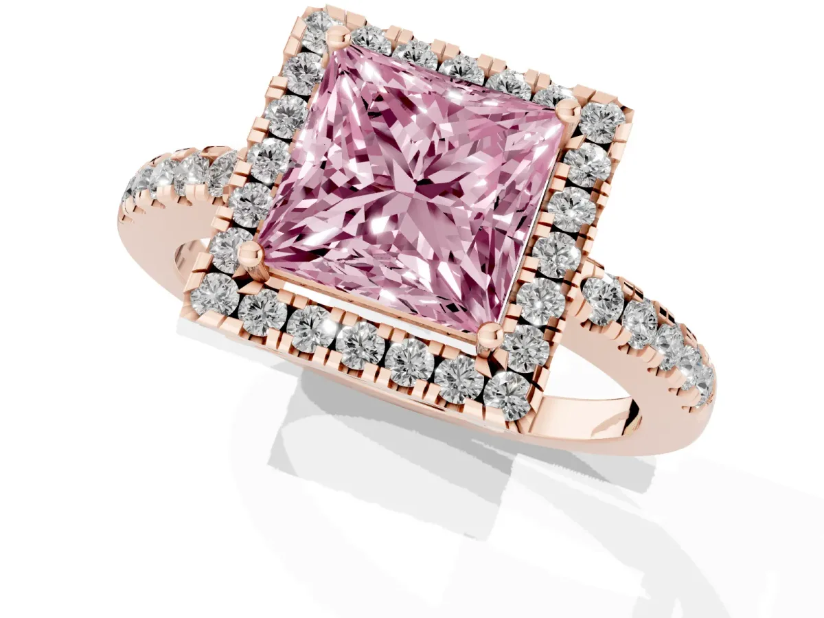 Fancy Pink Princess Cut Halo Diamond Engagement Ring with Pavé Band and Four-Prong Setting Rose gold