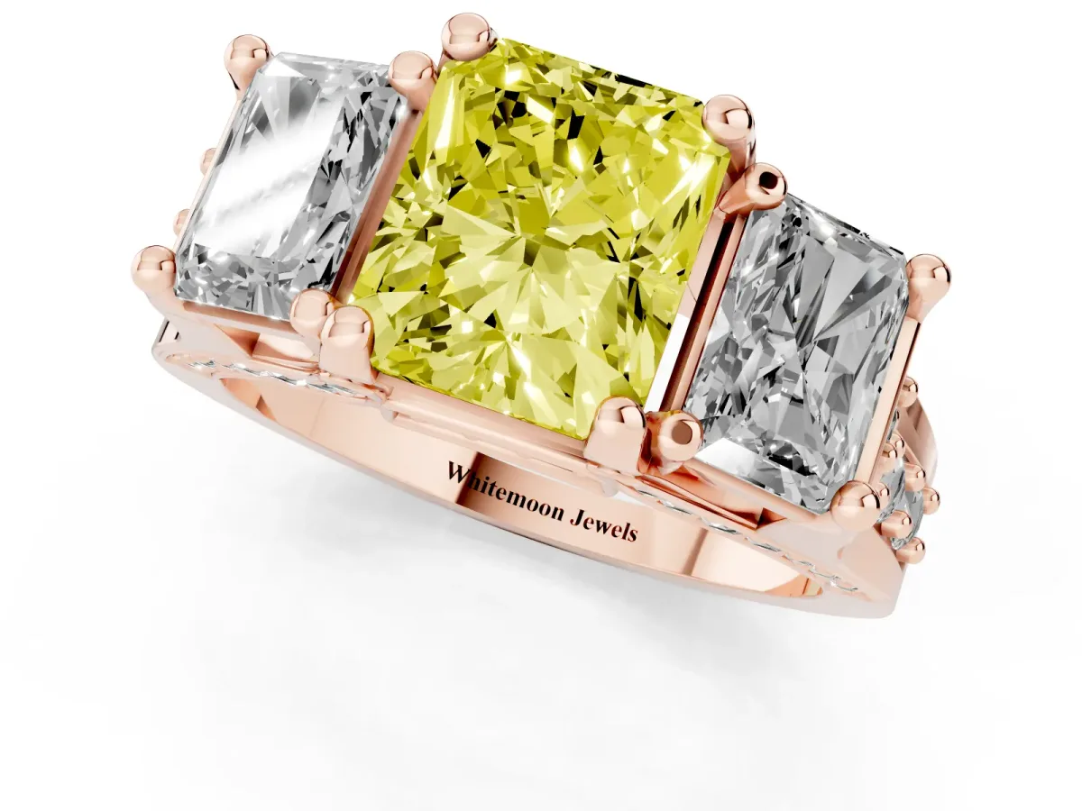 Fancy Yellow Radiant Cut Diamond Three-Stone Ring with Channel Set Band and Four-Prong Setting Rose gold