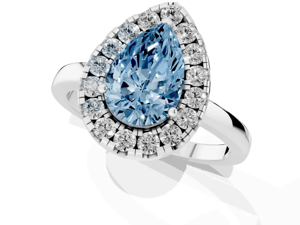 Fancy Blue Pear Cut Halo Diamond Solitaire with Pavé Band and Four-Prong Setting Silver