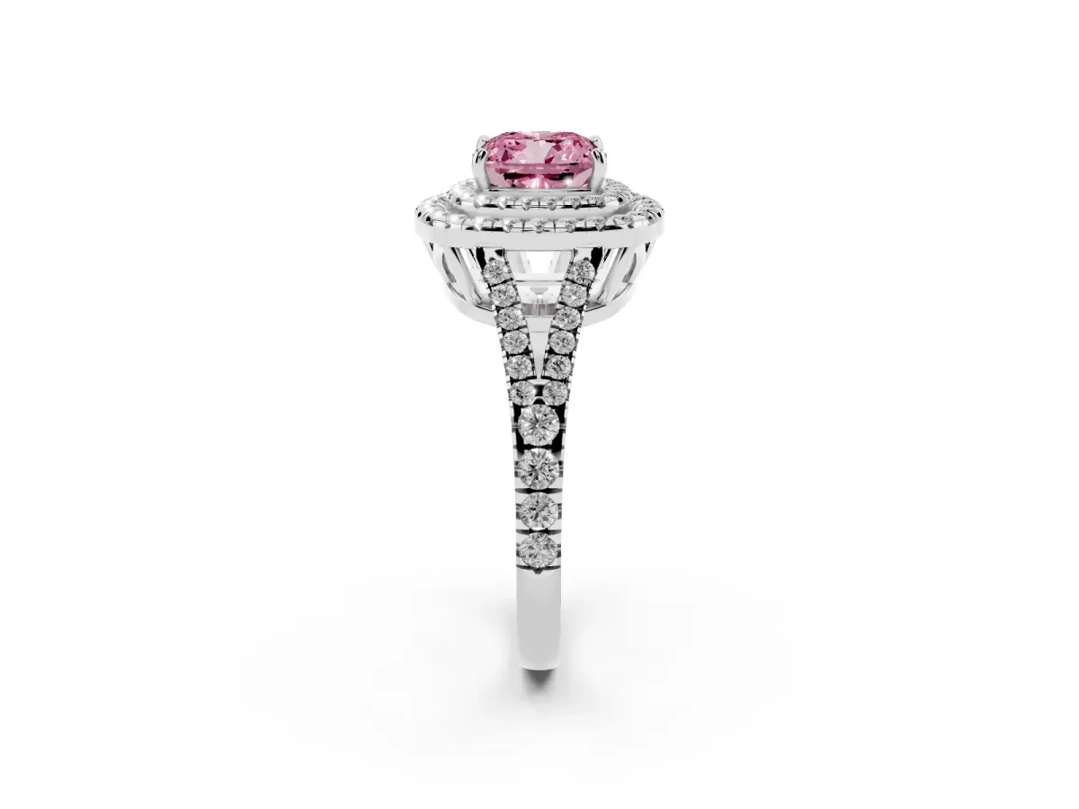 Fancy Pink Cushion Cut Diamond Double Halo Ring with Pavé Band and Prong Setting Silver