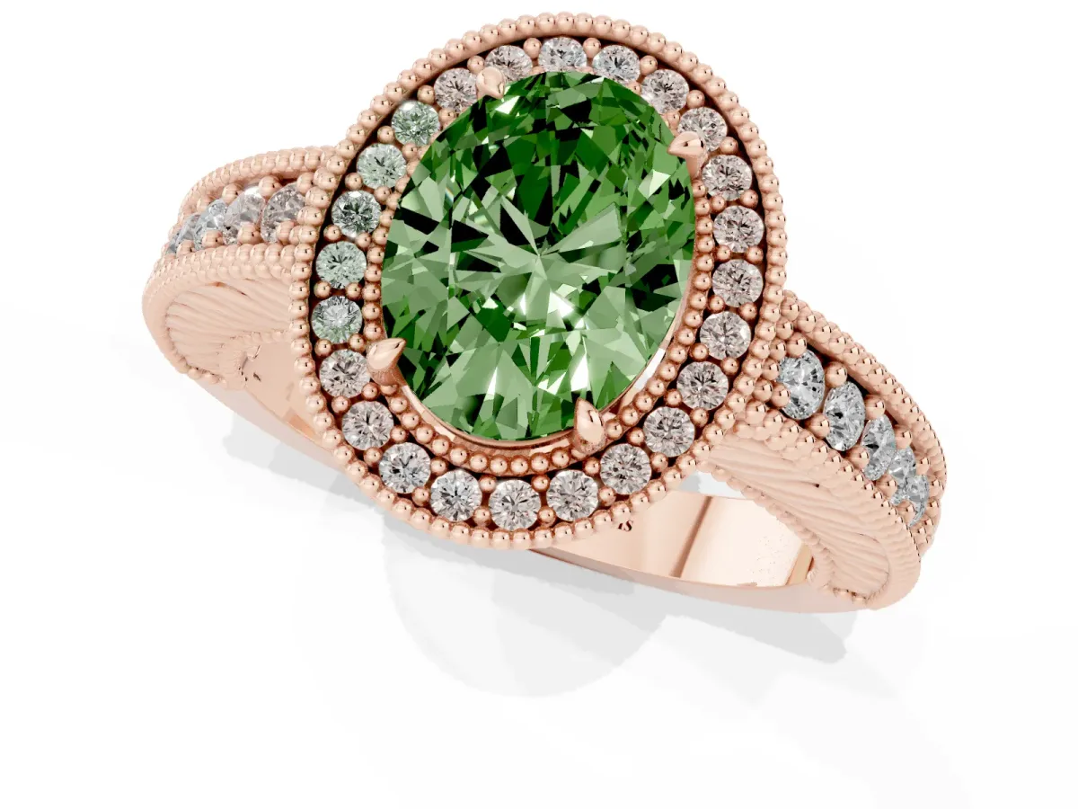 Fancy Green Oval Cut Cut Halo Diamond Ring with Pavé Band and Four-Prong Setting Rose gold