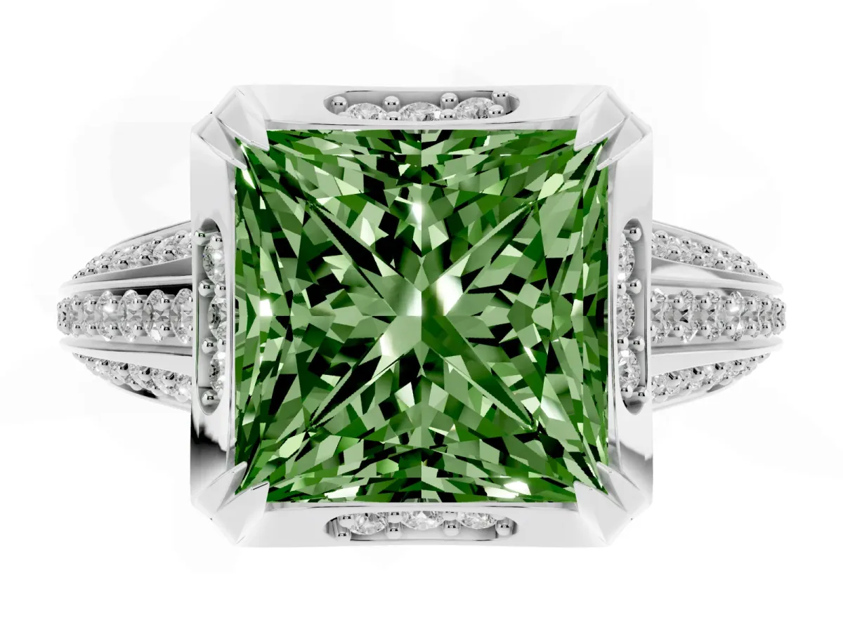 Fancy Green Princess Cut Solitaire Pave Split Shank Ring with Four-Prong Setting Silver