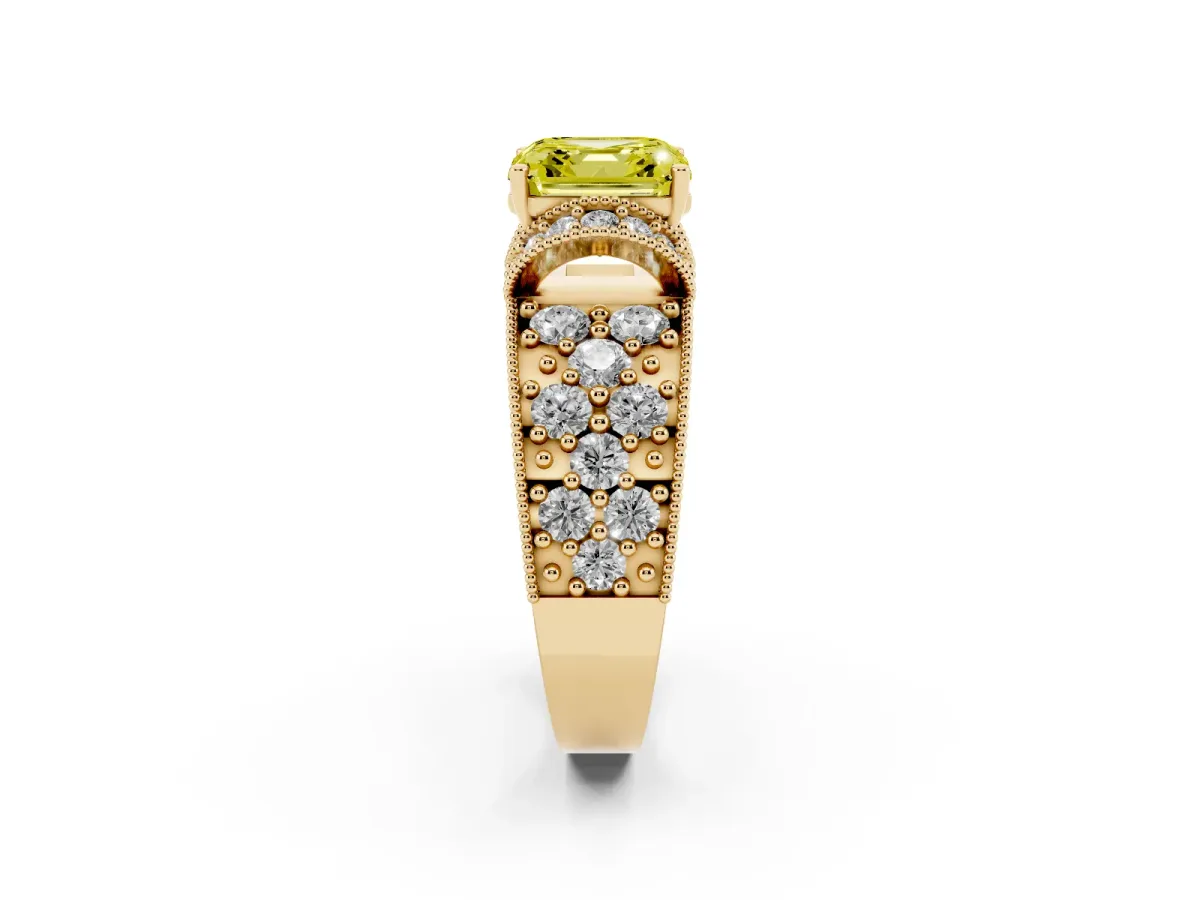 Fancy Yellow Asscher Cut Halo Pave Diamond Engagement Ring with Milgrain Detailing Yellow gold
