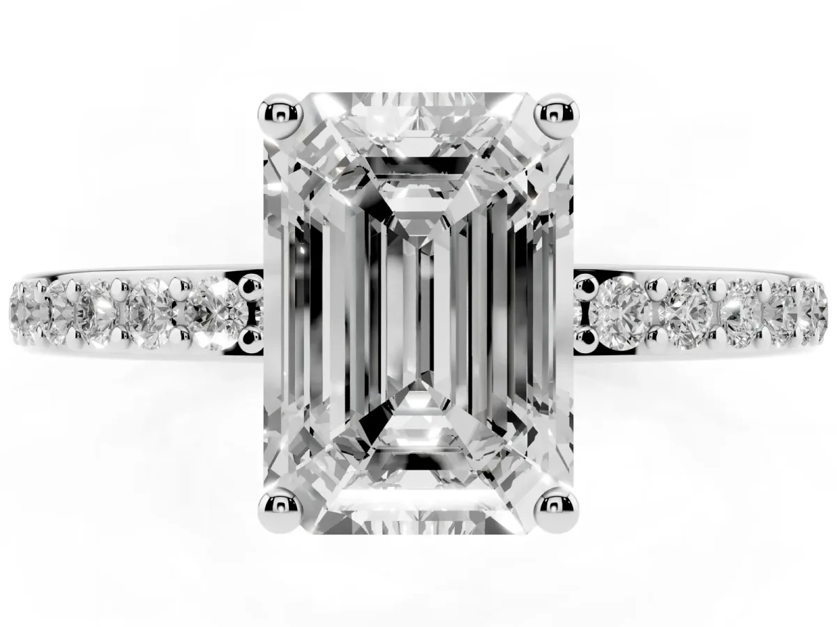Emerald Cut Cut Diamond Pavé Band Ring with Four-Prong Setting Silver