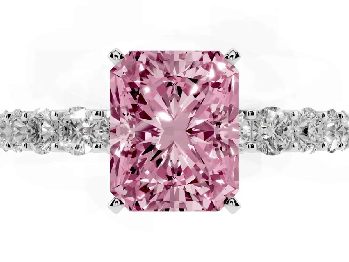 Fancy Pink Radiant Cut Diamond Solitaire Ring with Shared Prong Pavé Band and Four-Prong Setting Silver