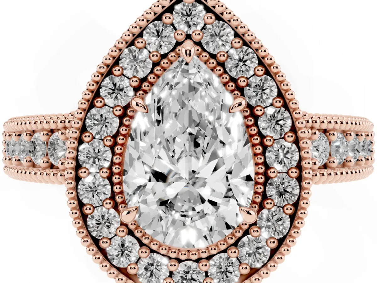 Pear Cut Cut Halo Diamond Ring with Pavé Band and Four-Prong Setting Rose gold