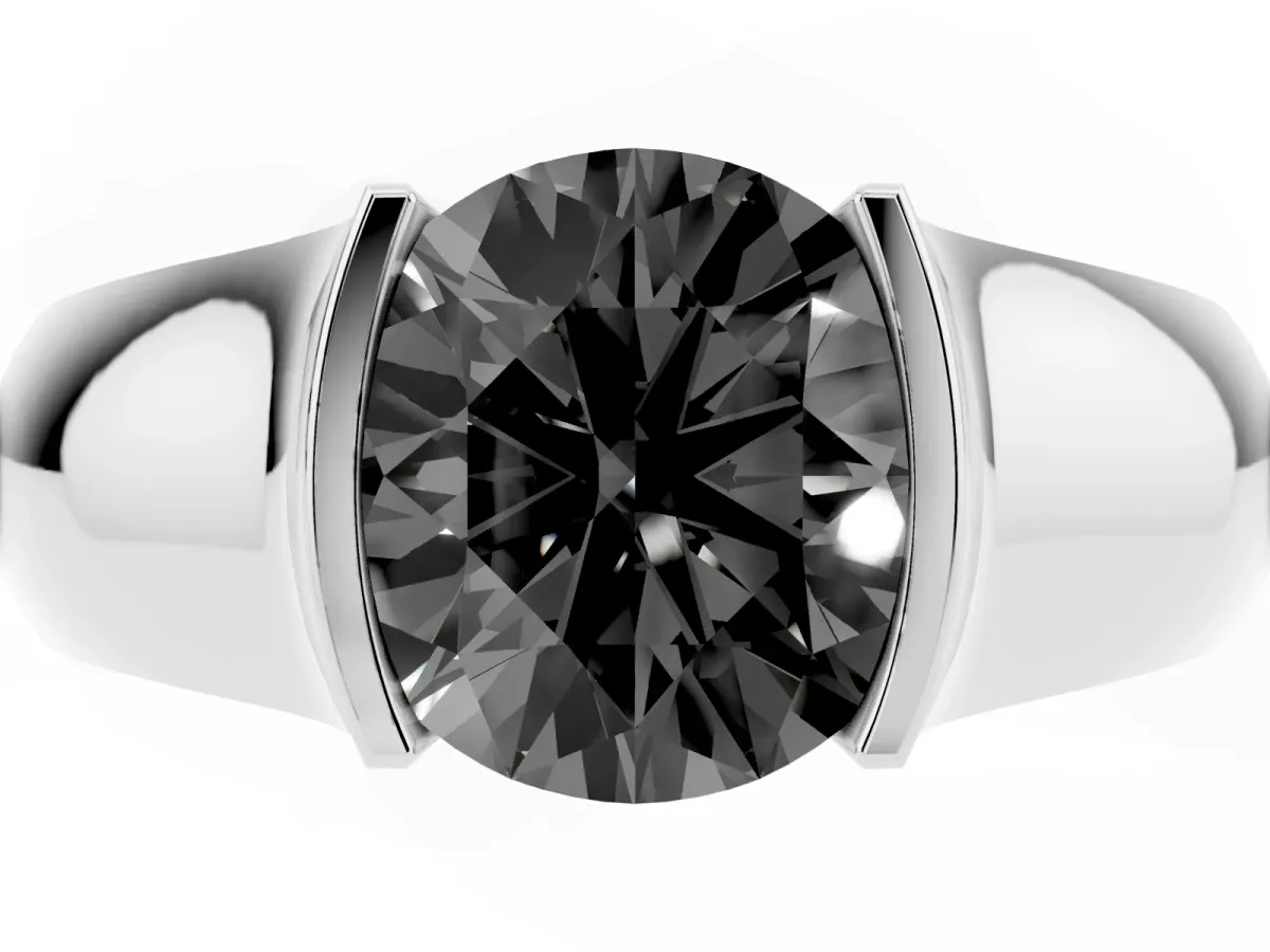Fancy Black Round Cut Solitaire Bezel Set Diamond Ring with Wide Band Platinum