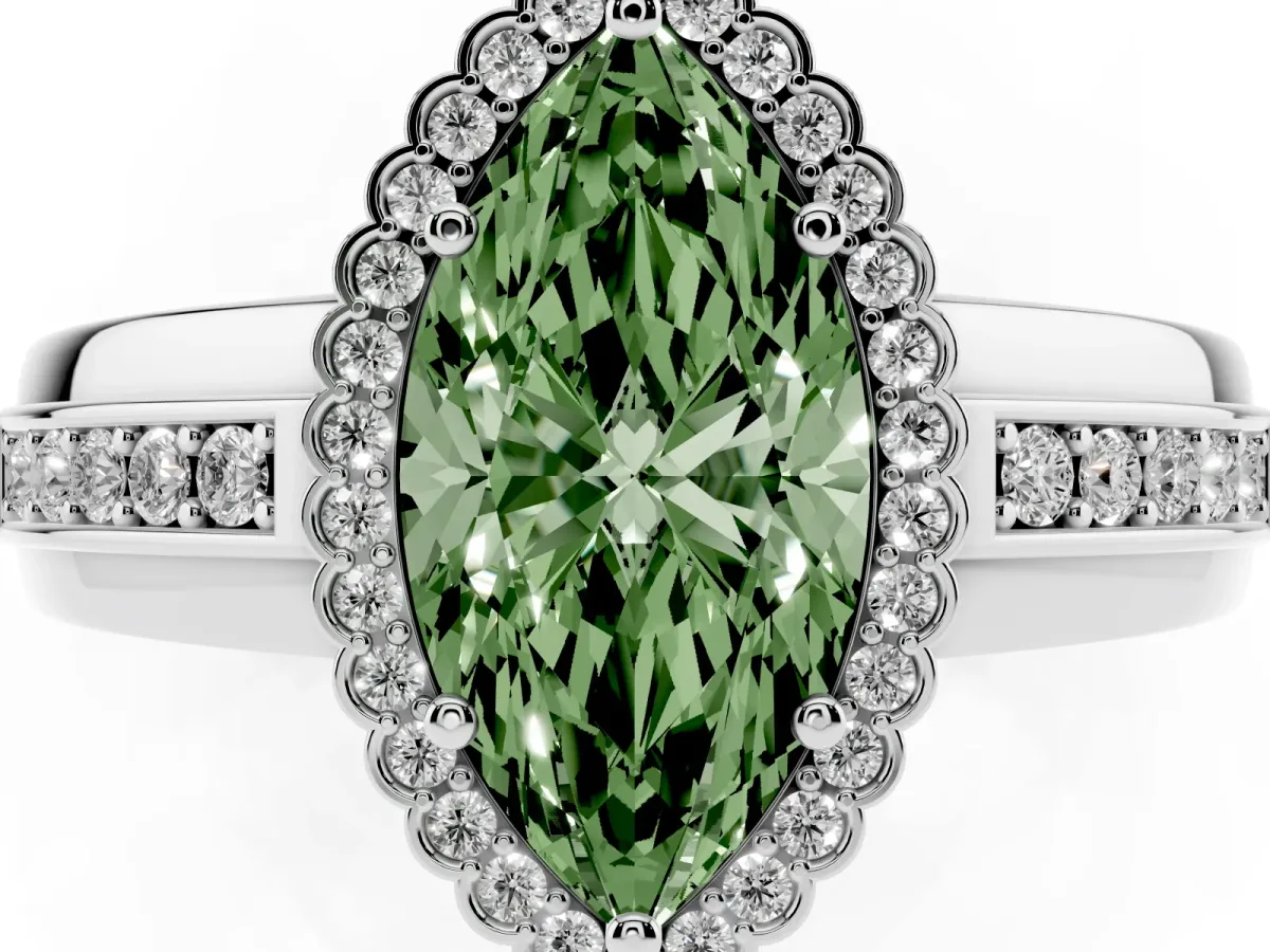 Fancy Green Marquise Cut Cut Halo Pave Band Four-Prong Ring Silver