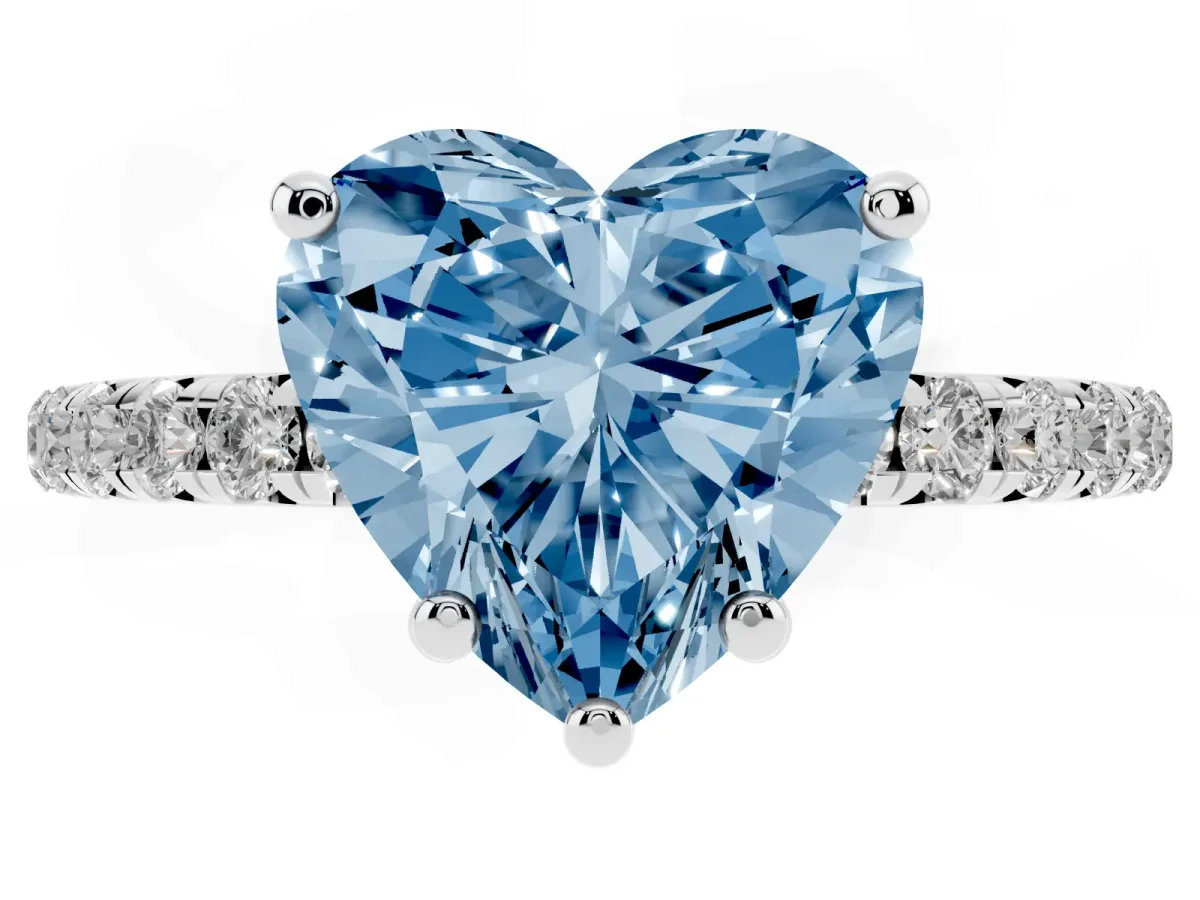 Fancy Blue Heart Cut Cut Diamond Solitaire Ring with Micro Pave Band and Four Prong Setting Silver