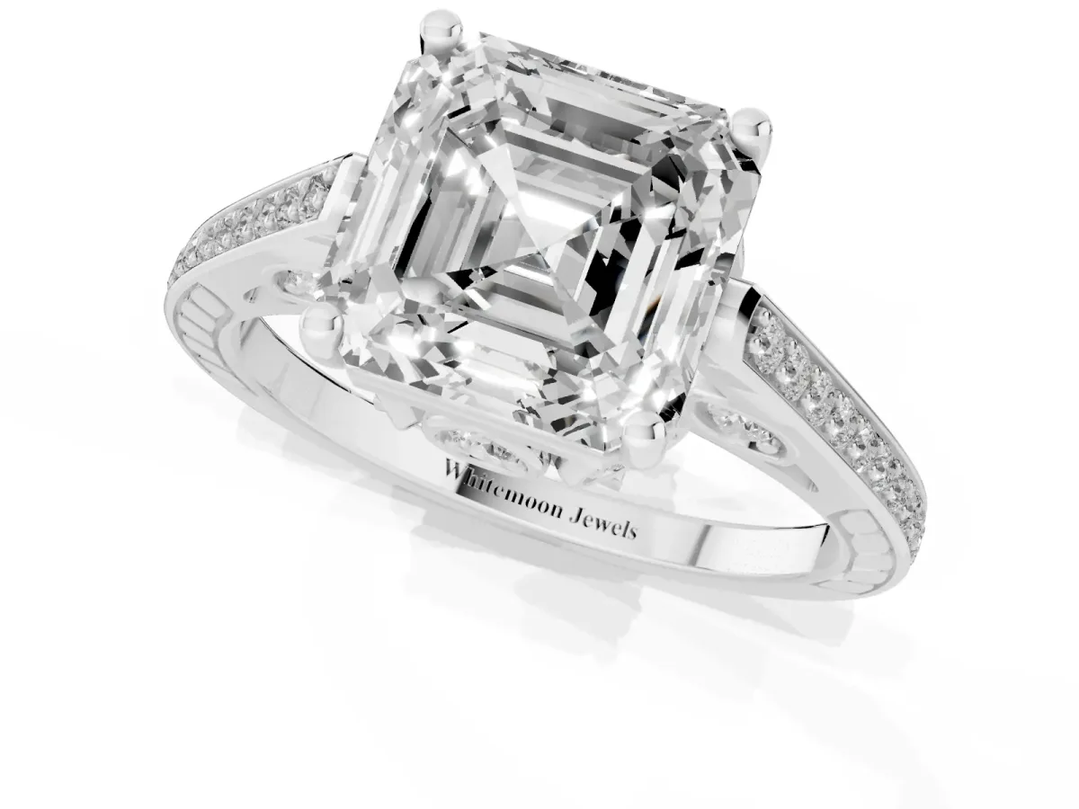 Asscher Cut Cut Cathedral Pave Diamond Engagement Ring with Six-Prong Setting Platinum