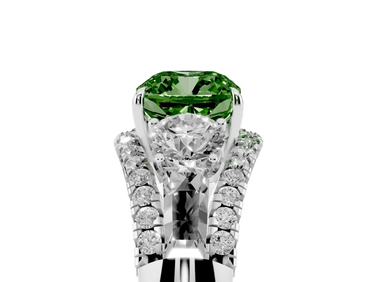Fancy Green Three-Stone Cushion Cut Diamond Engagement Ring with Pave Band and Prong Setting Silver