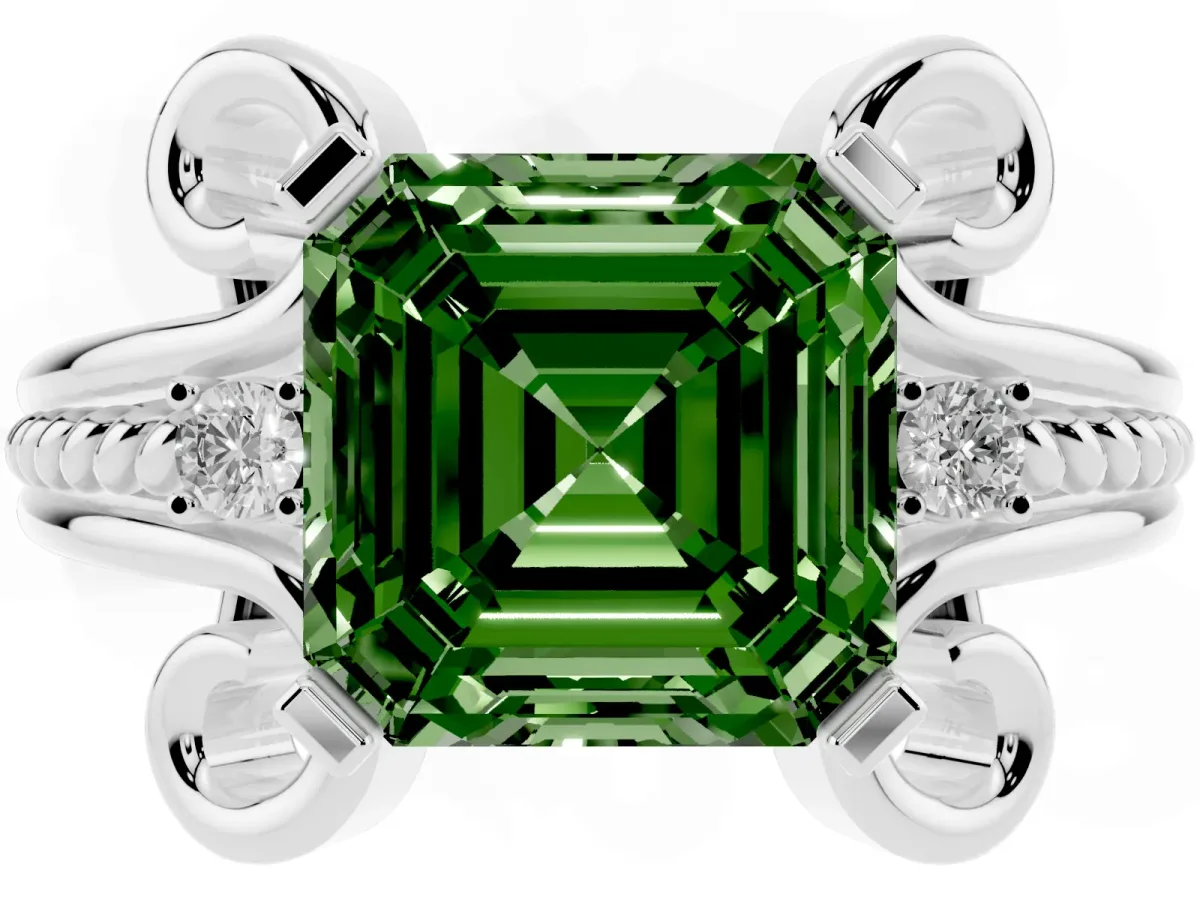 Fancy Green Asscher Cut Solitaire Twisted Band Scroll Prong Ring Silver