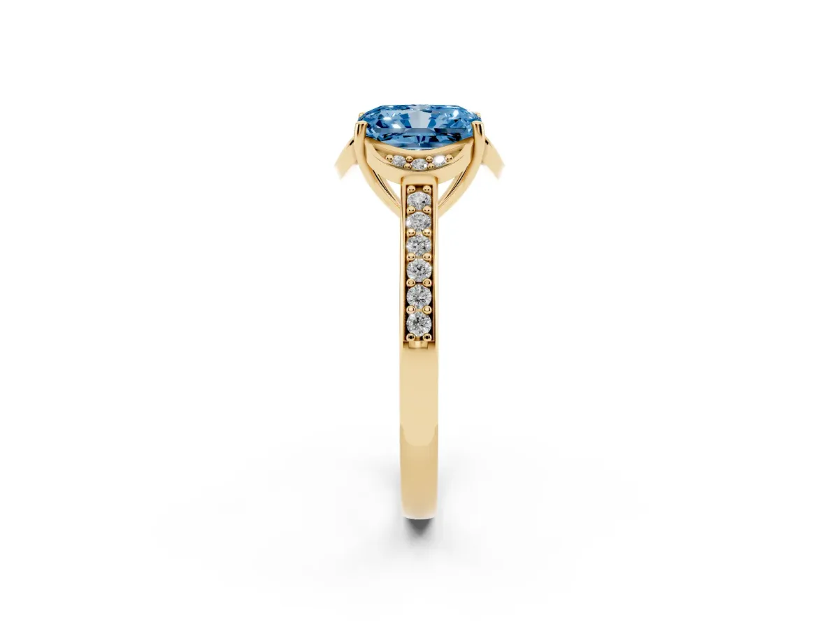 Fancy Blue Radiant Cut Cut Halo Diamond Ring with Channel Set Band and Four-Prong Setting Yellow gold