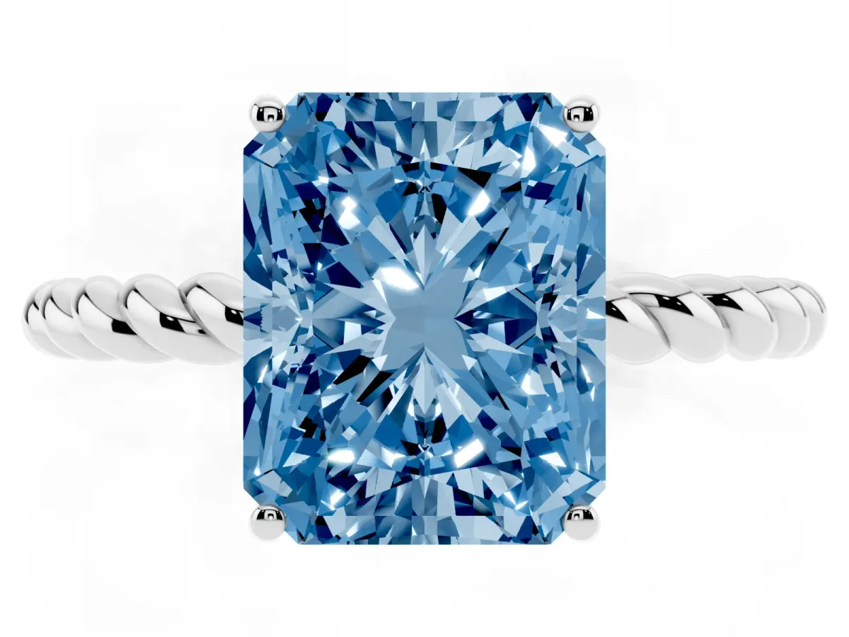 Fancy Blue Radiant Cut Solitaire Twist Band Ring with Four-Prong Setting Silver