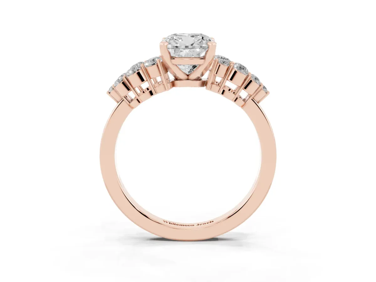 Cushion Cut Cluster Diamond Engagement Ring with Pavé Band and Four-Prong Setting Rose gold
