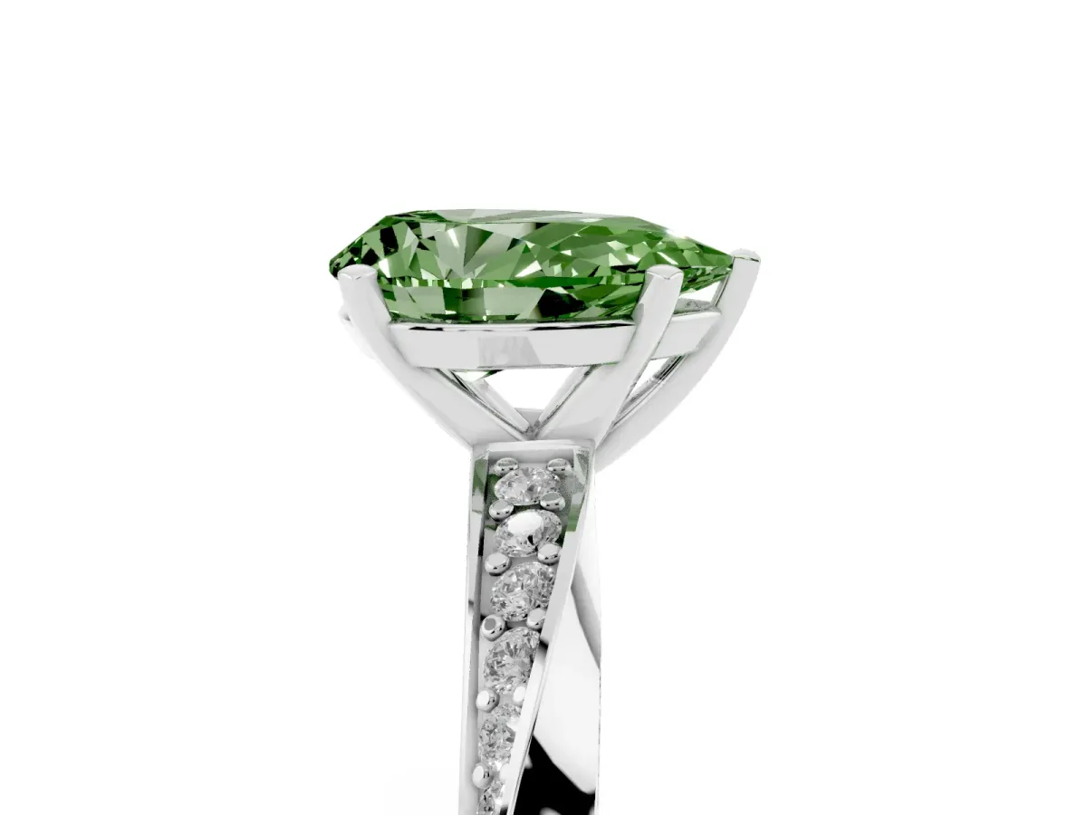 Fancy Green Pear Cut Diamond Engagement Ring with Side Stone Accents and Four-Prong Setting Platinum