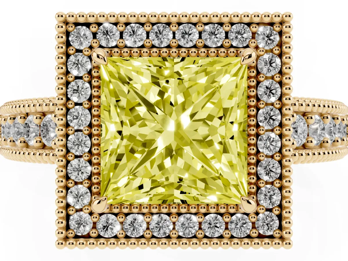 Fancy Yellow Princess Cut Cut Halo Diamond Ring with Pavé Band and Four-Prong Setting Yellow gold