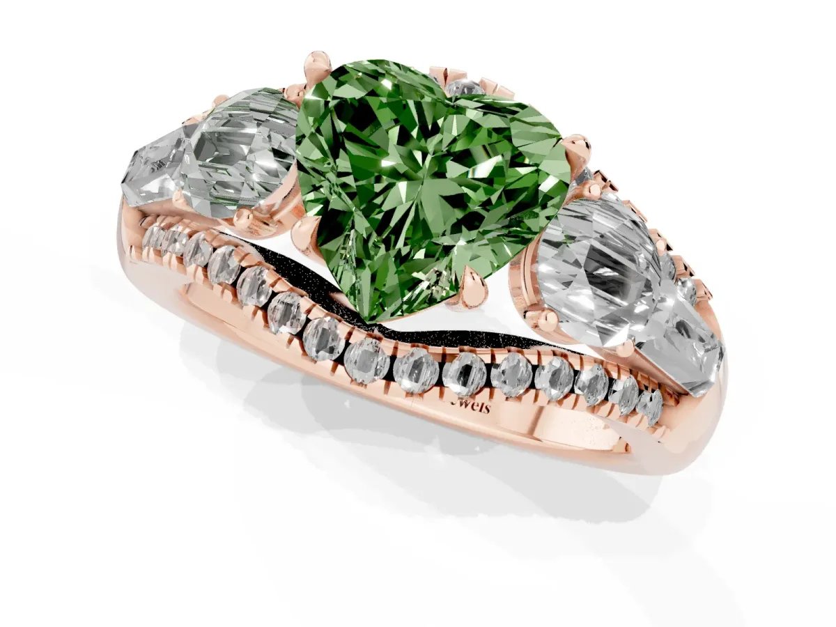 Fancy Green Three-Stone Heart Cut Diamond Engagement Ring with Pave Band and Prong Setting Rose gold