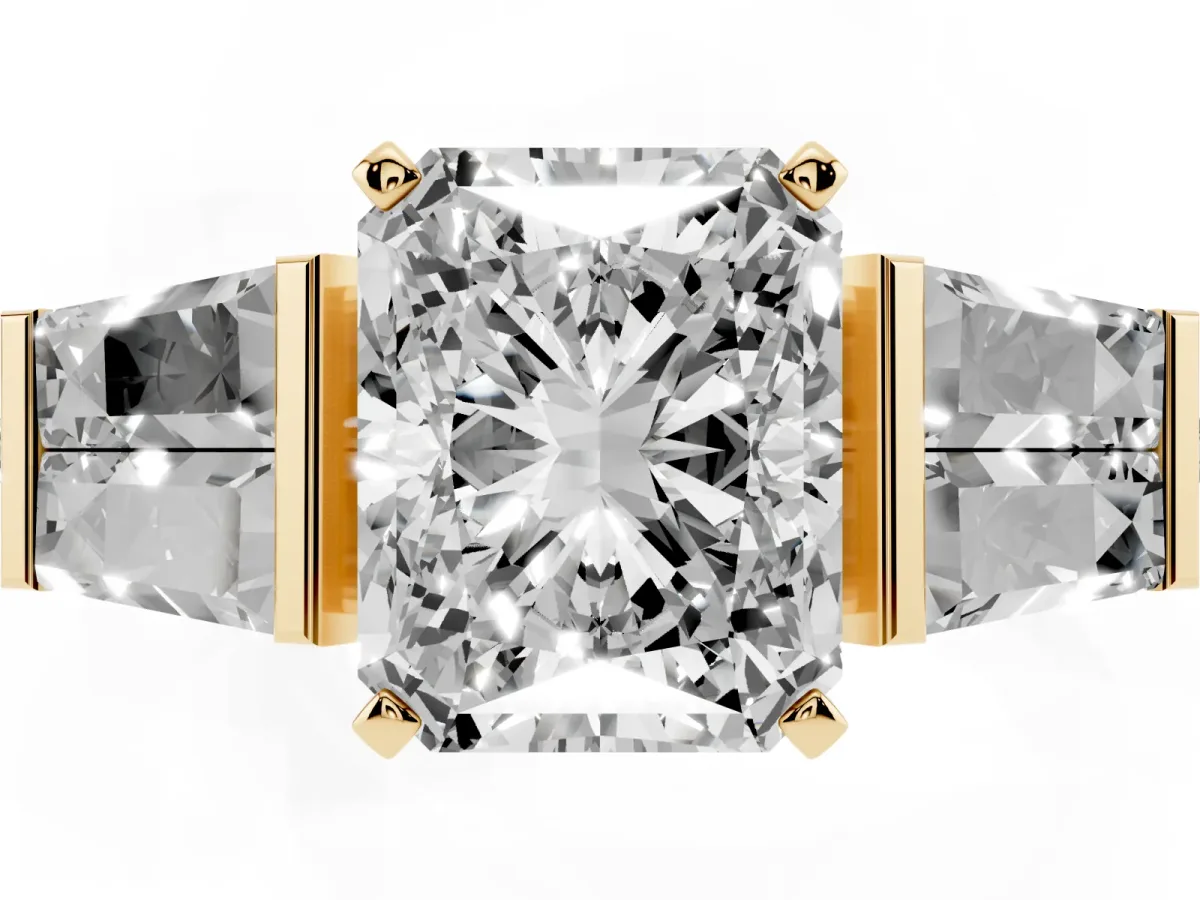 Radiant Cut Diamond Engagement Ring with Baguette Side Stones and Channel Set Band Yellow gold