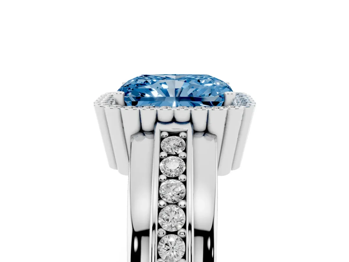 Fancy Blue Radiant Cut Cut Halo Pave Band Four-Prong Ring Silver