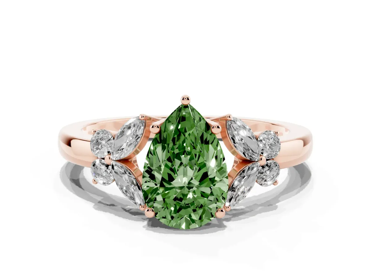 Fancy Green Pear Cut Cut Solitaire Floral Diamond Ring with Four-Prong Setting Rose gold