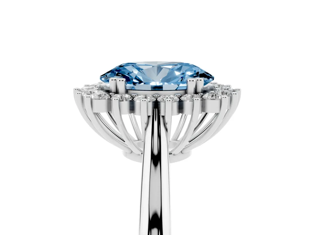 Fancy Blue Oval Cut Cut Diamond Halo Ring with Solitaire Band and Prong Setting Silver