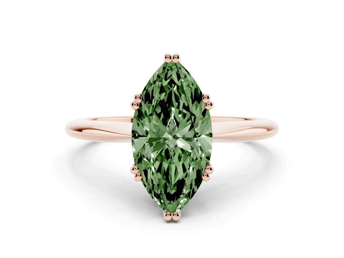 Fancy Green Marquise Cut Solitaire Diamond Ring with Six-Prong Setting and Classic Band Rose gold