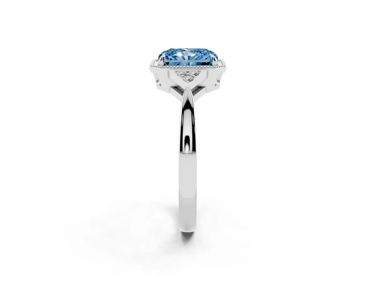 Fancy Blue Radiant Cut Diamond Halo Ring with Tapered Band and Four-Prong Setting Silver